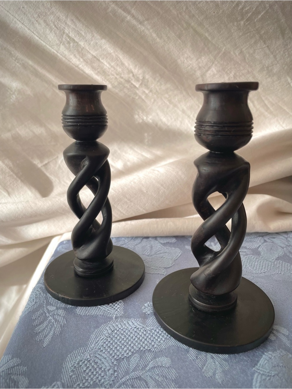 Vintage Black Twisted Wood Candle Holders - Pair